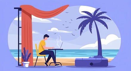 Fototapeta premium Man Working on Laptop at Tropical Beach Cafe Illustration