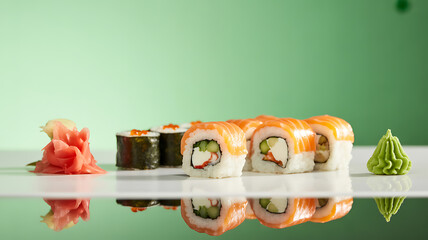 Assorted sushi rolls with salmon, cucumber, and avocado on a reflective surface with garnishes