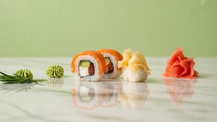 Sushi rolls with avocado and tuna, garnished with wasabi, ginger, and pickled daikon on a marble surface