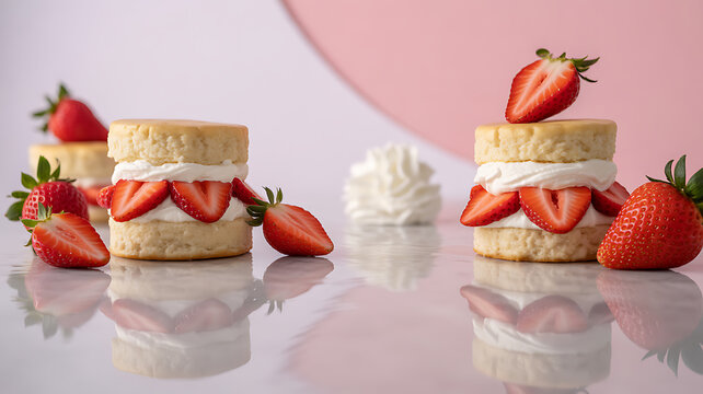 Strawberry shortcake desserts with whipped cream and fresh strawberries on a reflective surface - Powered by Adobe
