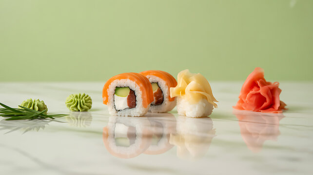 Sushi rolls with avocado and tuna, garnished with wasabi, ginger, and pickled daikon on a marble surface