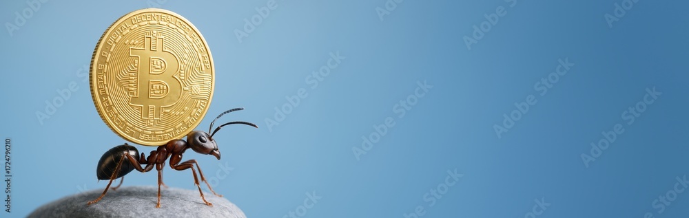 Poster ant carrying a bitcoin coin on a rock with blue background, symbolizing strength and cryptocurrency 