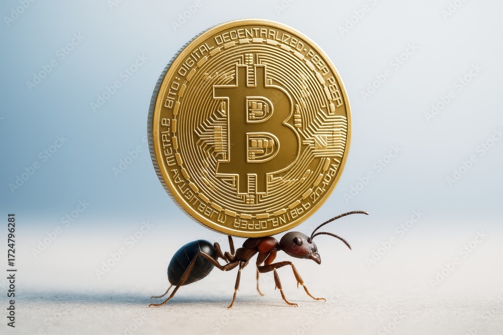 Poster Ant carrying a giant Bitcoin coin symbolizing financial strength and digital currency effort on a light background. Ai generative. Ai generative