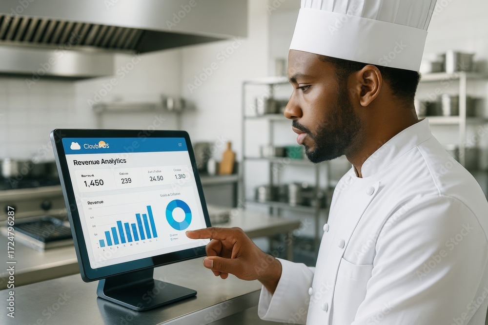 Poster chef analyzing business revenue analytics on computer screen in professional kitchen using cloudpos 
