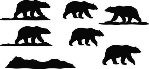 Bear silhouette, walking pose, wildlife movement, mountain terrain, nature scene, animal behavior, black illustration, forest life, rugged habitat, outdoor concept