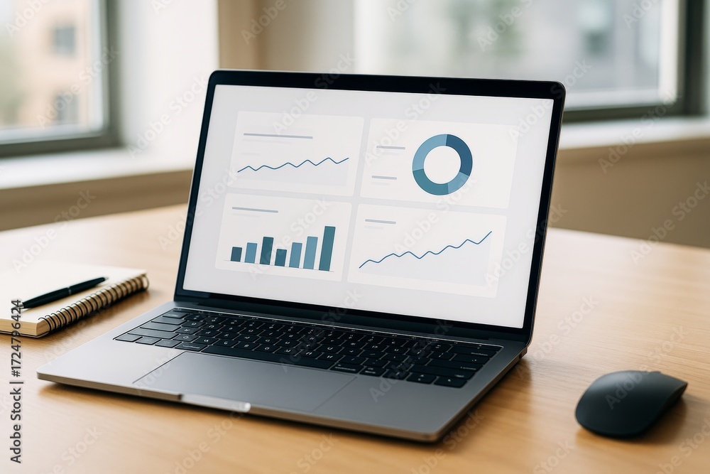 Poster open laptop displaying business analytics dashboard with charts and graphs on wooden desk in bright 