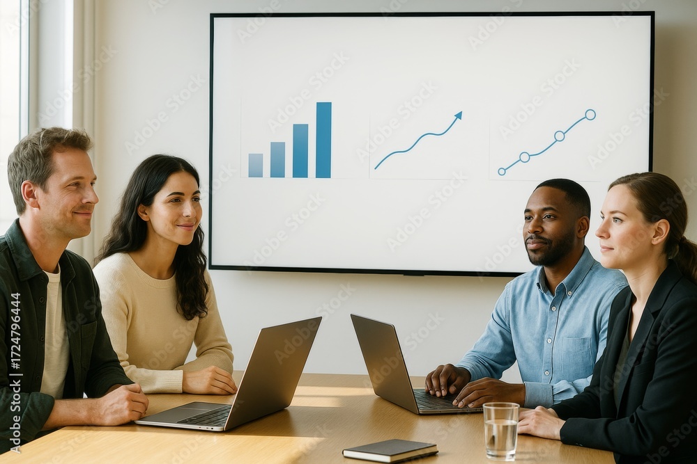 Poster diverse group of professionals discussing data analysis in a modern office meeting room with light b