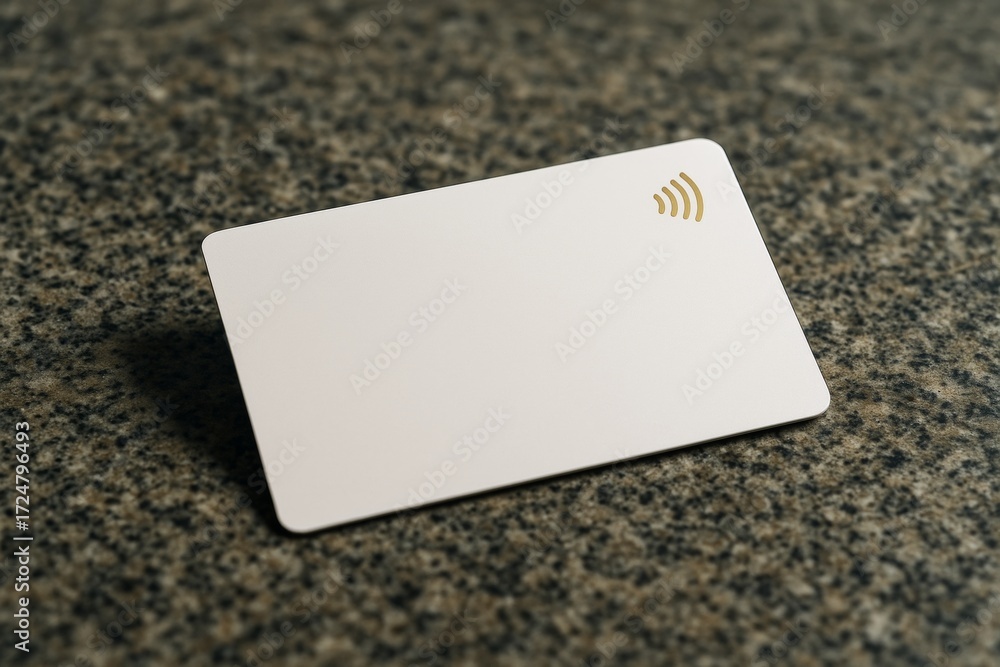 Poster blank contactless card mockup on granite background with golden nfc icon for branding and design pre