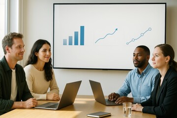 Diverse group of professionals discussing data analysis in a modern office meeting room with light background and abstract business charts on screen. Ai generative