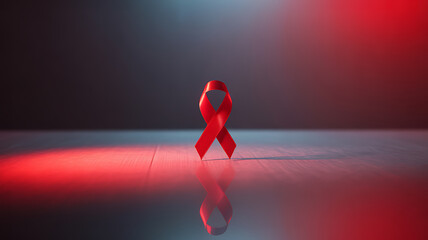 Red awareness ribbon symbolizing support for HIV/AIDS awareness, illuminated on a reflective surface with dramatic lighting