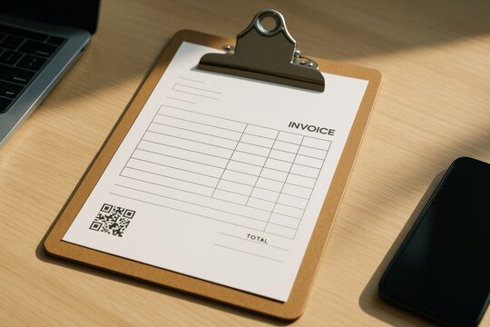 Blank invoice form on clipboard placed on light wooden office desk with laptop and smartphone in background under natural sunlight concept.. Ai generative