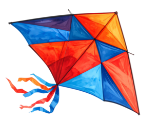 Colorful diamond-shaped kite with vibrant panels of red, blue, and orange.  Trailing ribbons