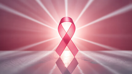 Pink ribbon symbolizing breast cancer awareness against a radiant background