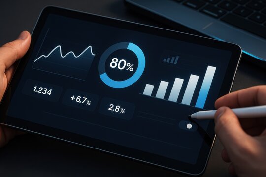 Dark mode tablet dashboard with progress ring at eighty percent, bar chart growth and hand using stylus
 - Powered by Adobe