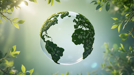 Transparent globe with green foliage representing Earth surrounded by leaves and sunlight