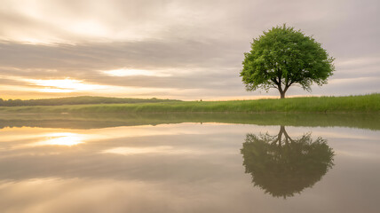 Solitary tree reflected in calm water at sunset, surrounded by grassy field and soft sky
