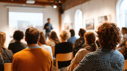 Audience ening to speaker in bright gallery setting during presentation or lecture, focused on engaging discussion and sharing insights in a creative environment.