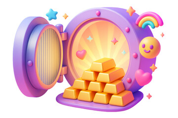 Cartoon-style open safe with gold bars, hearts, and stars in a playful colorful layout on white background. Concept of wealth and happiness. Ai generative