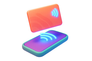 Abstract phone and card with glowing NFC symbols in colorful 3D style on white background, concept of contactless payment. Ai generative