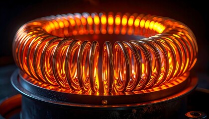 A close-up shot of a toroidal induction heating coil, glowing with intense heat. The copper coil is intricately wound and sits on a metallic base