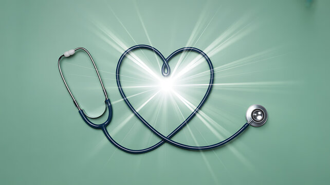 Stethoscope shaped into a heart with radiant light effect on a green background