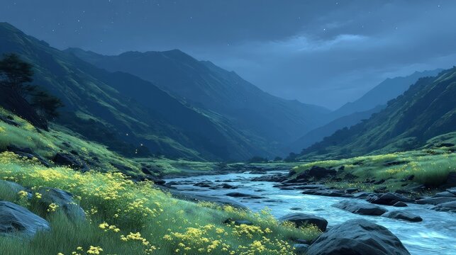 A tranquil mountain valley scene at night, showcasing a flowing river amidst lush greenery and dark, majestic peaks. - Powered by Adobe