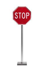 Red octagonal stop sign with white lettering on a metal pole isolated on a transparent background traffic