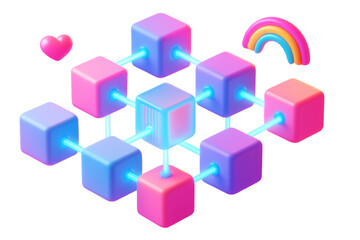 Obraz premium Vibrant pastel 3D cubes connected by glowing lines with heart and rainbow shapes, isolated on clean white background, concept of technology. Ai generative