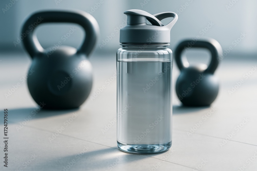 Poster transparent water bottle mockup with gray cap placed in gym setting with kettlebells on light floor 