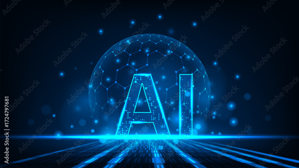 Poster technology artificial internet text ai letters in line hexagonal network blue background