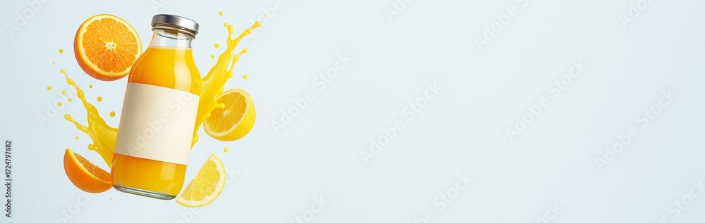 Poster orange and lemon juice bottle with blank label and fruit splash on light background with copy space 