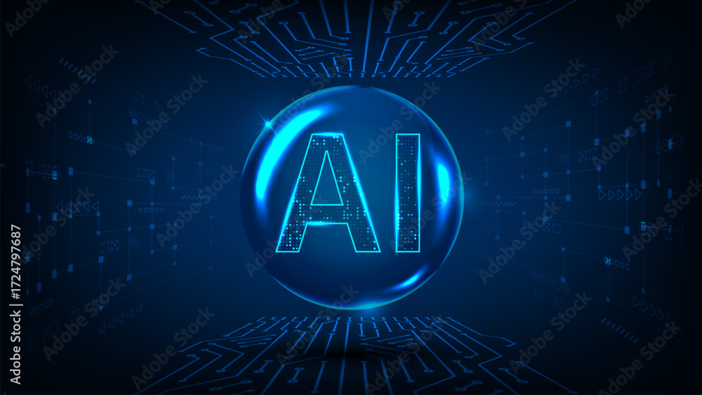 Poster technology artificial internet text on bubble digital tech with line circuit blue background