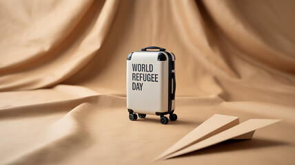 A suitcase with 'World Refugee Day' text placed on a draped fabric background alongside a paper airplane.