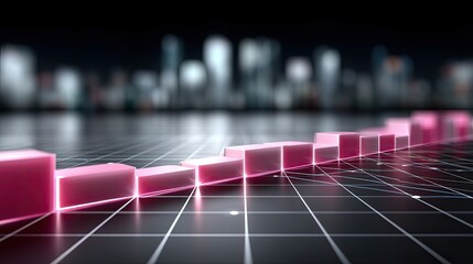 Pink Financial Stock Chart Displaying Business Statistics on a Black Grid with Blurred Cityscape Background