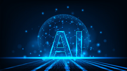 Technology artificial internet text AI letters in line hexagonal network blue background