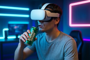 Young man wearing VR headset drinks energy drink through straw in neon-lit gaming room with futuristic light background and creative setup. Ai generative