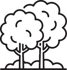 Simple outline drawing of two fluffy trees in a field