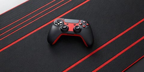 Gaming Controller and Gaming Pad: A high-angle perspective captures a sleek, black and red gaming controller poised upon a textured black gaming pad, hinting at the thrill of virtual worlds.
