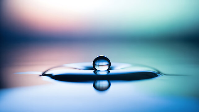 A single water droplet suspended above a rippling surface, reflecting light with a soft gradient background