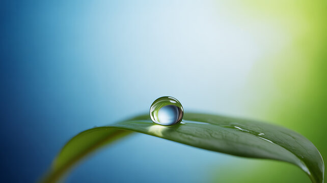 A water droplet rests on a green leaf against a soft blue and green background.