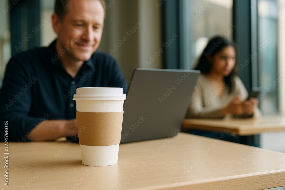 Poster coffee cup on table with blurred man using laptop and woman on phone in background in modern cafe se