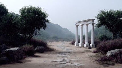 Naklejka premium Ancient Stone Ruins with Broken Columns and Arch in Dreamy Landscape