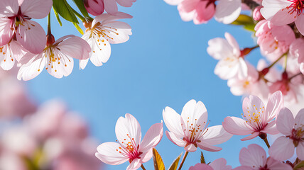 Pink cherry blossoms in full bloom against a clear blue sky