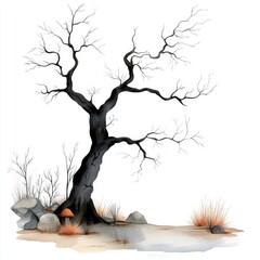 Single tree with branches reaching outward, bark displaying age and texture, on white backdrop. Surrounding sparse plants suggest dryness and isolation, watercolor style.
