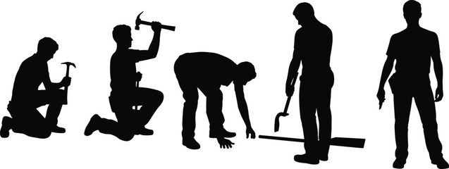 Silhouettes of workers, hammer tools, manual labor, construction activity, kneeling pose, striking motion, teamwork, effort, tradespeople, job site, tools