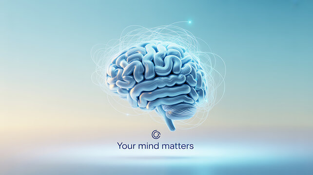 A detailed 3D rendering of a human brain with glowing neural connections against a soft gradient background, emphasizing mental health with the text 'Your mind matters'. - Powered by Adobe