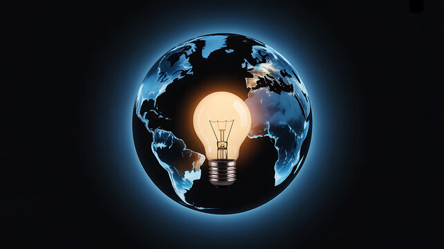 Light bulb glowing inside a transparent Earth globe against a dark background - Powered by Adobe