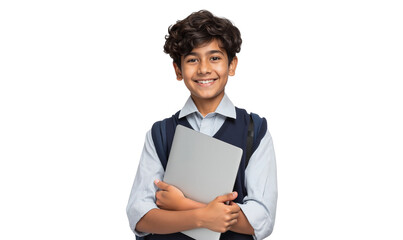 Happy young schoolboy in uniform holding a laptop, ready for education, learning, and technology