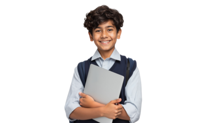 Happy young schoolboy in uniform holding a laptop, ready for education, learning, and technology