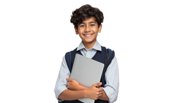 Happy young schoolboy in uniform holding a laptop, ready for education, learning, and technology